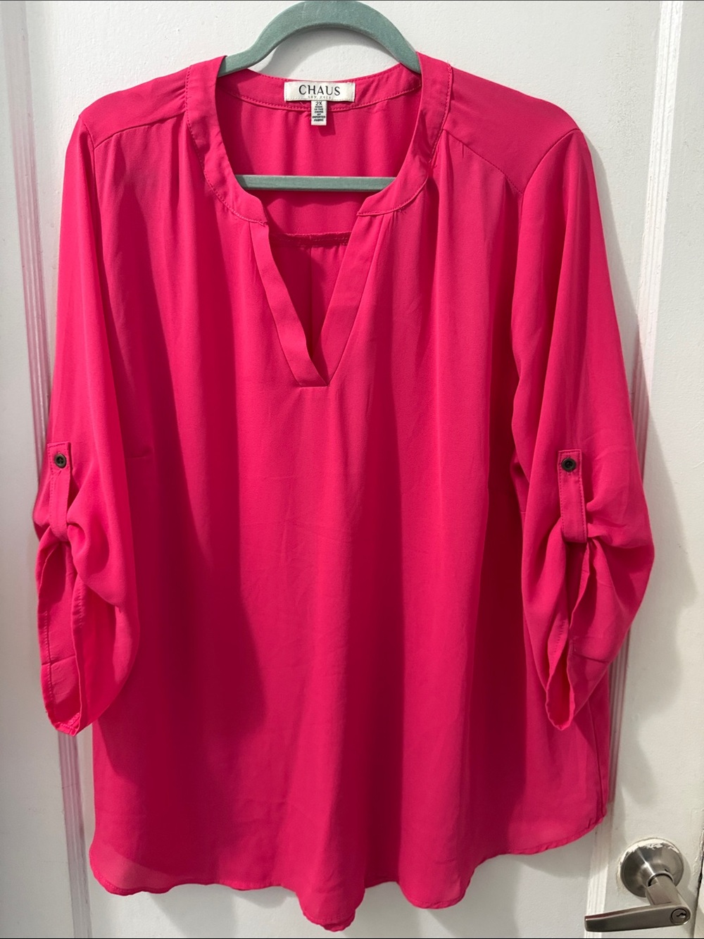 Chaus Women's Hot Pink Split-Neck Roll-Tab Blouse